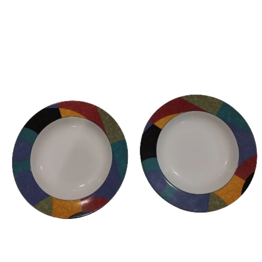 Mikasa Currents Rim Soup Bowls Set of Two Porcelain Red Yellow Blue Blac…